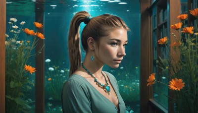 1girl,solo,long hair,breasts,blue eyes,brown hair,cleavage,jewelry,collarbone,upper body,ponytail,flower,earrings,water,necklace,lips,fish,underwater,realistic,nose,hair pulled back,aquarium,dress,sunlight,pendant,daisy