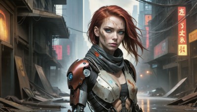 HQ,1girl,solo,breasts,looking at viewer,short hair,blue eyes,brown hair,cleavage,medium breasts,upper body,weapon,red hair,small breasts,outdoors,scarf,armor,lips,bodysuit,blood,facial mark,building,science fiction,city,sign,realistic,cable,mechanical arms,cyborg,dirty,cyberpunk,dirty face,artist name,signature,scar,serious,injury,blood on face,single mechanical arm