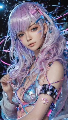 1girl,solo,long hair,breasts,looking at viewer,bangs,hair ornament,jewelry,closed mouth,underwear,swimsuit,upper body,pink hair,purple hair,bikini,multicolored hair,small breasts,hairclip,shiny,necklace,nail polish,bra,lips,grey eyes,makeup,piercing,pink nails,realistic,cable,earphones,blue eyes,cleavage,bare shoulders,medium breasts,earrings,choker,fingernails,eyelashes,watermark,facial mark,bikini top only,web address,armlet,long fingernails,nose