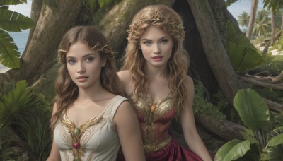 long hair,breasts,looking at viewer,blue eyes,multiple girls,blonde hair,brown hair,hair ornament,dress,2girls,cleavage,bare shoulders,jewelry,medium breasts,upper body,braid,outdoors,parted lips,sleeveless,day,tree,lips,siblings,leaf,wavy hair,red dress,tiara,plant,sisters,gem,dual persona,twins,realistic,palm tree,smile,collarbone,hairclip,necklace,white dress,sleeveless dress,sunlight,nature,curly hair