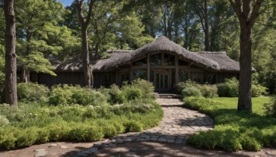 outdoors,sky,day,tree,blue sky,no humans,grass,plant,building,nature,scenery,forest,road,bush,architecture,house,east asian architecture,path,cloud,shadow