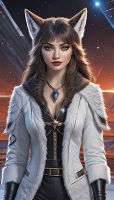 1girl,solo,long hair,breasts,looking at viewer,bangs,brown hair,gloves,long sleeves,animal ears,cleavage,brown eyes,jewelry,medium breasts,closed mouth,jacket,cowboy shot,outdoors,open clothes,sky,black gloves,belt,pants,artist name,necklace,mole,lips,coat,fur trim,fox ears,makeup,night,black pants,lipstick,gem,star (sky),night sky,buckle,pendant,starry sky,open coat,white coat,winter clothes,red lips,fur-trimmed coat,weapon,wolf ears,rifle,backlighting,realistic