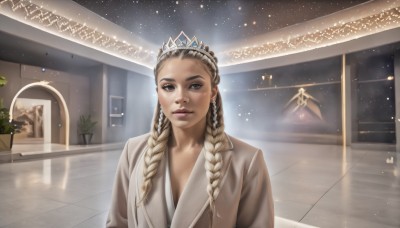 1girl,solo,long hair,looking at viewer,smile,blonde hair,brown eyes,upper body,braid,indoors,twin braids,lips,window,tiara,crown,plant,hair over shoulder,reflection,robe,realistic,nose,brown hair,jewelry,earrings,grey eyes,night