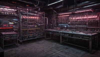 indoors,no humans,window,building,scenery,science fiction,city,tiles,cityscape,cable,tile floor,lights,neon lights,chair,dark,industrial pipe