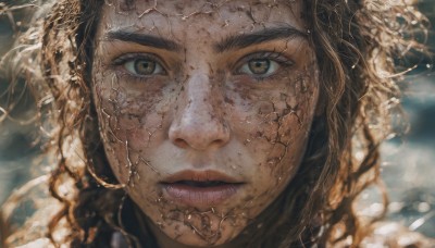 1girl,solo,looking at viewer,brown hair,black hair,brown eyes,closed mouth,parted lips,blurry,lips,eyelashes,thick eyebrows,portrait,close-up,reflection,realistic,nose,long hair,jewelry,green eyes,earrings,piercing,freckles,stitches