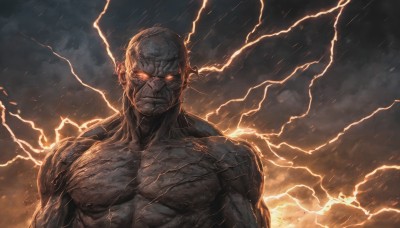 solo,looking at viewer,red eyes,1boy,upper body,male focus,outdoors,sky,cloud,orange eyes,muscular,glowing,cloudy sky,muscular male,glowing eyes,rain,veins,electricity,bald,manly,old,lightning,closed mouth,mask,scar,abs,pectorals,topless male,cyborg