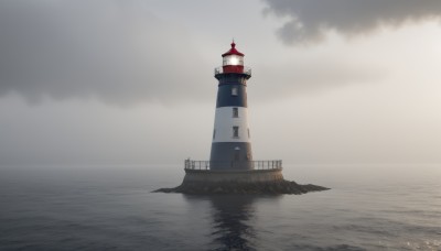 outdoors,sky,cloud,water,no humans,ocean,cloudy sky,building,scenery,reflection,horizon,watercraft,castle,tower,boat,fog,grey sky,1girl,solo,standing,clock,lighthouse,very wide shot