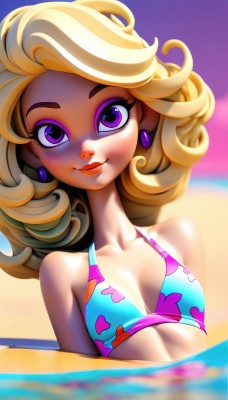 1girl,solo,long hair,breasts,looking at viewer,smile,blonde hair,bare shoulders,jewelry,closed mouth,purple eyes,collarbone,swimsuit,upper body,bikini,earrings,small breasts,outdoors,water,flat chest,lips,eyelashes,makeup,ocean,beach,floral print,lipstick,blue bikini,eyeshadow,innertube,curly hair,print bikini,multicolored bikini,bangs,cleavage,heart,multicolored hair,sky,day,artist name,signature,blurry,blurry background,partially submerged,pink lips,purple bikini,heart print,mascara