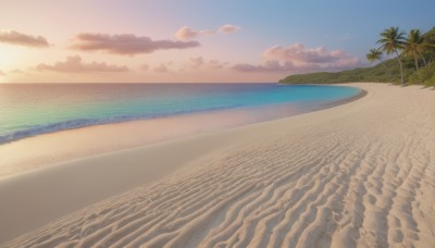 outdoors,sky,day,cloud,water,tree,blue sky,no humans,ocean,beach,nature,scenery,sunset,sand,palm tree,horizon,gradient sky,shore,sunlight,sun,desert,island