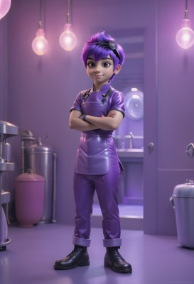 1girl,solo,looking at viewer,smile,short hair,jewelry,standing,full body,purple hair,short sleeves,hairband,boots,pants,artist name,indoors,signature,black footwear,black eyes,apron,bracelet,lips,crossed arms,goggles,goggles on head,ankle boots,kitchen,sink,light bulb,chef,1boy,male focus,dark skin,aged down,child