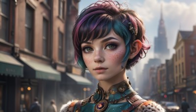 1girl,solo,looking at viewer,short hair,bangs,hair ornament,brown eyes,jewelry,closed mouth,green eyes,upper body,purple hair,multicolored hair,outdoors,sky,solo focus,day,artist name,cloud,blurry,two-tone hair,lips,eyelashes,makeup,depth of field,blurry background,cloudy sky,brooch,building,gem,portrait,freckles,city,realistic,nose,black hair,blue hair,green hair,streaked hair,fur trim,sunlight,lens flare