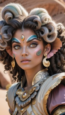 1girl,solo,long hair,looking at viewer,brown hair,black hair,hair ornament,brown eyes,jewelry,closed mouth,upper body,multicolored hair,earrings,puffy sleeves,artist name,dark skin,necklace,blurry,dark-skinned female,lips,eyelashes,makeup,depth of field,blurry background,facial mark,thick eyebrows,lipstick,gem,portrait,eyeshadow,curly hair,nose,facepaint,forehead jewel,yellow eyes,parted lips,teeth,watermark,realistic,mascara