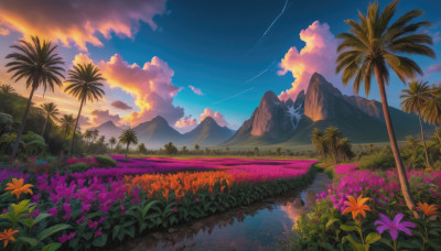 flower, outdoors, sky, cloud, water, tree, no humans, cloudy sky, grass, nature, scenery, reflection, sunset, mountain, palm tree, mountainous horizon