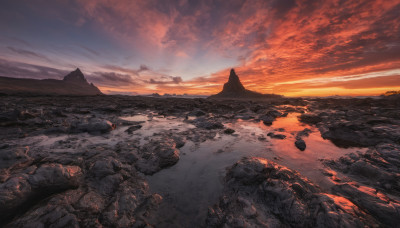 outdoors, sky, cloud, dutch angle, no humans, cloudy sky, scenery, sunset, rock, mountain, landscape, orange sky