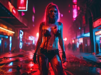 1girl,solo,long hair,breasts,looking at viewer,gloves,navel,jewelry,medium breasts,underwear,standing,pink hair,cowboy shot,outdoors,shorts,midriff,belt,bra,blurry,bracelet,torn clothes,short shorts,blood,night,blurry background,building,blood on face,city,blood on clothes,zombie,blood splatter,cyberpunk,neon lights,bare shoulders,swimsuit,bikini,black gloves,pants,fingerless gloves,denim,bikini top only,contrapposto,jeans,leather,dirty,torn pants,horror (theme),chaps