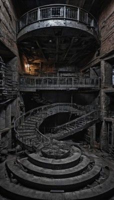 indoors,no humans,from above,building,scenery,wooden floor,stairs,bridge,arch,fire,railing,ruins,industrial pipe