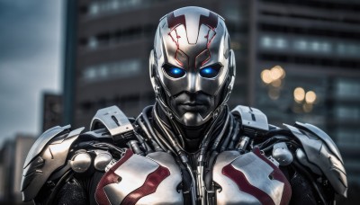 solo,looking at viewer,blue eyes,1boy,upper body,male focus,outdoors,armor,blurry,blurry background,glowing,helmet,building,portrait,glowing eyes,science fiction,city,straight-on,power armor,mask,depth of field,robot,realistic,cyborg,cyberpunk