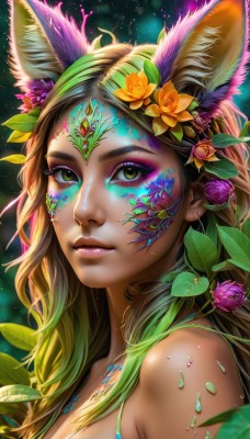 1girl,solo,long hair,breasts,looking at viewer,blonde hair,brown hair,hair ornament,animal ears,cleavage,bare shoulders,medium breasts,closed mouth,green eyes,yellow eyes,upper body,flower,multicolored hair,parted lips,green hair,artist name,signature,hair flower,lips,animal ear fluff,fox ears,eyelashes,gradient hair,makeup,leaf,watermark,facial mark,plant,lipstick,portrait,web address,pink flower,eyeshadow,freckles,pink lips,nose,red lips,eyeliner,facepaint,orange flower,mascara,green flower,brown eyes,jewelry,purple flower,colorful