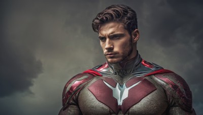 solo,short hair,brown hair,black hair,1boy,closed mouth,upper body,male focus,looking to the side,bodysuit,muscular,facial hair,thick eyebrows,muscular male,beard,mature male,realistic,mustache,stubble,manly,superhero,looking at viewer,brown eyes,pectorals,bara,large pectorals,sideburns,red bodysuit,multicolored bodysuit