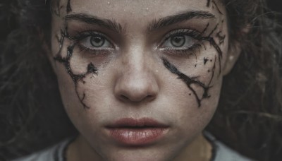 1girl,solo,long hair,looking at viewer,brown hair,black hair,closed mouth,tears,black eyes,lips,grey eyes,eyelashes,scar,portrait,close-up,realistic,nose,straight-on,brown eyes,mole,freckles,serious,facial tattoo,dirty,dirty face,cracked skin