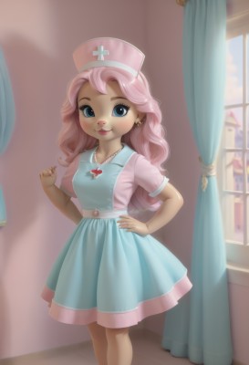 1girl,solo,long hair,breasts,looking at viewer,blush,smile,blue eyes,hat,dress,jewelry,closed mouth,standing,pink hair,short sleeves,earrings,small breasts,artist name,indoors,nail polish,lips,hand on hip,window,makeup,blue dress,wavy hair,cross,curtains,child,pink dress,furry,nurse cap,furry female,nurse,red cross,necklace