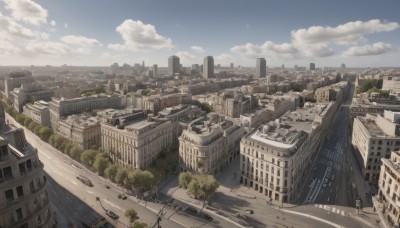 outdoors,sky,day,cloud,tree,blue sky,no humans,cloudy sky,building,scenery,motor vehicle,city,road,cityscape,ruins,street,skyscraper,ground vehicle,car,landscape,crosswalk