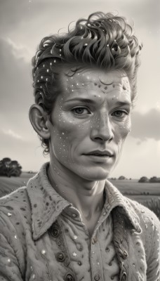 solo,looking at viewer,shirt,1boy,closed mouth,monochrome,upper body,greyscale,male focus,outdoors,sky,collared shirt,artist name,cloud,signature,blurry,lips,buttons,watermark,cloudy sky,portrait,web address,freckles,curly hair,realistic,nose,jacket,open clothes,eyelashes,facial mark,unbuttoned