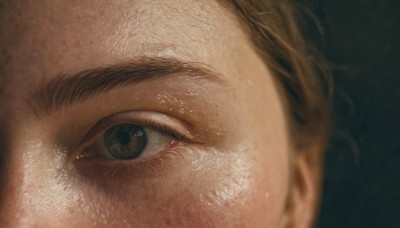 solo,looking at viewer,brown hair,1boy,brown eyes,green eyes,male focus,blurry,eyelashes,depth of field,portrait,close-up,reflection,realistic,eye focus,freckles,very short hair