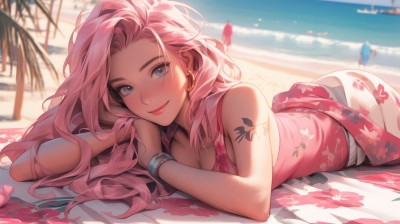 1girl,solo,long hair,breasts,looking at viewer,blush,smile,blue eyes,cleavage,bare shoulders,jewelry,medium breasts,closed mouth,swimsuit,pink hair,ass,flower,bikini,earrings,outdoors,lying,sky,sleeveless,day,water,blurry,bracelet,tree,lips,bare arms,petals,tattoo,makeup,depth of field,blurry background,ocean,beach,floral print,on stomach,lipstick,towel,pink flower,head rest,hoop earrings,pink lips,sand,palm tree,red lips,bangle,sarong,arm tattoo,watercraft,shoulder tattoo,mascara,solo focus,flower tattoo,print sarong