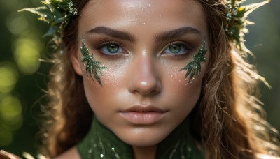 1girl,solo,long hair,looking at viewer,blonde hair,brown hair,hair ornament,closed mouth,green eyes,blurry,lips,eyelashes,depth of field,blurry background,leaf,portrait,close-up,forehead,freckles,realistic,nose,curly hair,leaf hair ornament,bokeh,wreath