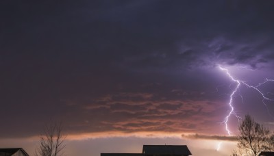 outdoors,sky,cloud,tree,no humans,cloudy sky,building,scenery,sunset,mountain,electricity,house,bare tree,lightning,water,horizon