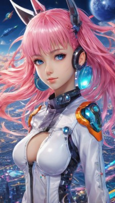 1girl,solo,long hair,breasts,looking at viewer,bangs,blue eyes,hair ornament,animal ears,cleavage,jewelry,medium breasts,closed mouth,upper body,pink hair,earrings,sky,cloud,lips,clothing cutout,bodysuit,floating hair,headgear,headphones,cleavage cutout,skin tight,zipper,science fiction,nose,center opening,planet,earth (planet),smile,twintails,realistic