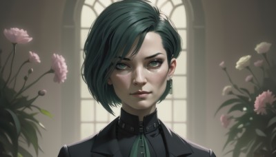 1girl,solo,looking at viewer,short hair,bangs,shirt,black hair,jewelry,closed mouth,green eyes,jacket,flower,earrings,green hair,indoors,blurry,lips,black jacket,black shirt,window,makeup,blurry background,plant,portrait,pink flower,freckles,realistic,nose,shiny,artist name,zipper,backlighting,green ribbon