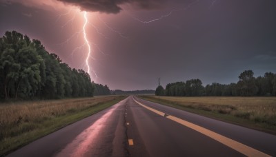 outdoors,sky,cloud,tree,no humans,cloudy sky,grass,nature,scenery,forest,fence,electricity,road,bush,power lines,lamppost,street,lightning,path,night,landscape