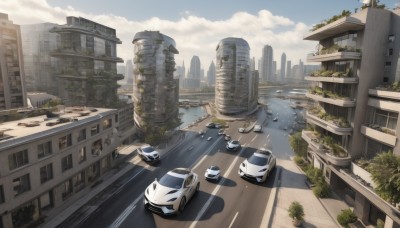 outdoors,sky,day,cloud,water,tree,blue sky,no humans,plant,ground vehicle,building,scenery,motor vehicle,city,railing,car,road,cityscape,ruins,bridge,vehicle focus,lamppost,street,skyscraper,overgrown,crosswalk,tire,shadow,post-apocalypse