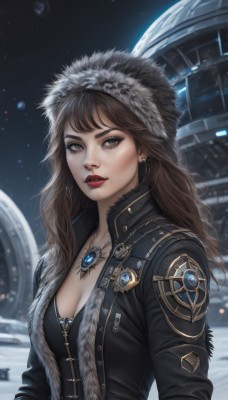 1girl,solo,long hair,breasts,looking at viewer,bangs,brown hair,long sleeves,hat,cleavage,brown eyes,jewelry,medium breasts,collarbone,jacket,upper body,earrings,outdoors,parted lips,open clothes,sky,necklace,blurry,open jacket,lips,coat,black jacket,fur trim,eyelashes,makeup,night,depth of field,blurry background,lipstick,brooch,gem,star (sky),night sky,snow,pendant,open coat,black coat,snowing,nose,red lips,eyeliner,leather,fur-trimmed coat,fur hat,signature,hood,realistic