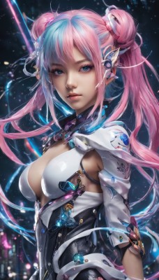 1girl,solo,long hair,breasts,looking at viewer,bangs,blue eyes,hair ornament,cleavage,twintails,medium breasts,closed mouth,blue hair,upper body,pink hair,multicolored hair,artist name,hair bun,two-tone hair,lips,clothing cutout,double bun,bodysuit,makeup,headgear,science fiction,realistic,nose