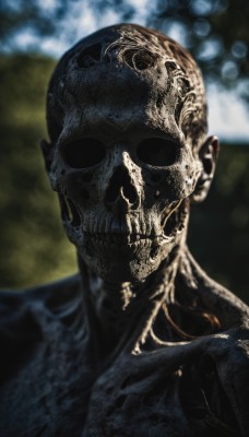 solo,looking at viewer,1boy,upper body,male focus,outdoors,day,blurry,mask,depth of field,blurry background,portrait,skull,realistic,bald,alien,teeth,no humans,skeleton,no eyes