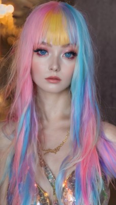 1girl,solo,long hair,breasts,looking at viewer,bangs,blue eyes,blonde hair,dress,bare shoulders,jewelry,closed mouth,blue hair,collarbone,upper body,pink hair,multicolored hair,blunt bangs,necklace,blurry,two-tone hair,lips,eyelashes,makeup,lipstick,eyeshadow,pink lips,realistic,nose,mascara,parted lips,artist name,gradient hair,watermark