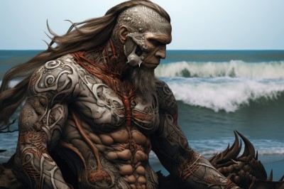 solo,long hair,brown hair,1boy,upper body,male focus,outdoors,day,water,armor,blurry,tattoo,mask,muscular,facial hair,ocean,beach,abs,beard,topless male,dreadlocks,dark skin,dark-skinned male,manly