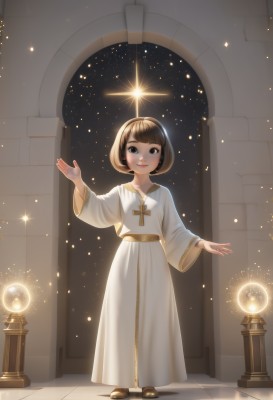 1girl,solo,looking at viewer,smile,short hair,bangs,brown hair,long sleeves,dress,jewelry,closed mouth,standing,full body,shoes,indoors,wide sleeves,blunt bangs,white dress,black eyes,glowing,brown footwear,bob cut,cross,star (sky),light particles,robe,tiles,magic,tile floor,brown eyes,collarbone,artist name,necklace,lips,watermark,light,cross necklace,white robe