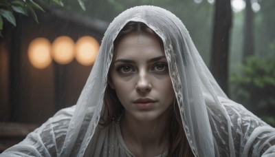 1girl,solo,long hair,looking at viewer,brown hair,brown eyes,closed mouth,upper body,outdoors,artist name,hood,blurry,tree,lips,wet,depth of field,blurry background,portrait,veil,freckles,rain,realistic,nose,parted lips,close-up