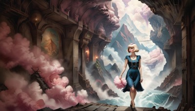 1girl,solo,short hair,blonde hair,red eyes,dress,jewelry,standing,flower,sky,cloud,bag,blue dress,scenery,smoke,walking,stairs,mountain,fog,blue eyes,hairband,necklace,high heels,bracelet,hand fan,handbag