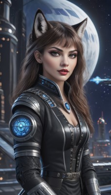 1girl,solo,long hair,breasts,looking at viewer,brown hair,animal ears,cleavage,brown eyes,jewelry,medium breasts,upper body,earrings,parted lips,sky,belt,artist name,cat ears,necklace,lips,bodysuit,makeup,night,moon,lipstick,star (sky),night sky,extra ears,full moon,eyeshadow,starry sky,science fiction,realistic,nose,red lips,eyeliner,space,planet,spacecraft,bangs,jacket,outdoors,signature,wolf ears,building,zipper,city,leather,cyberpunk