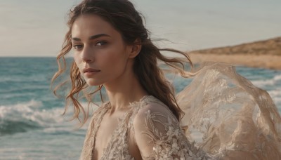 1girl,solo,long hair,looking at viewer,brown hair,dress,brown eyes,closed mouth,upper body,outdoors,wings,sky,day,artist name,water,white dress,blurry,lips,looking to the side,depth of field,blurry background,ocean,watermark,beach,wind,freckles,realistic,nose,from side,sand,waves,shore