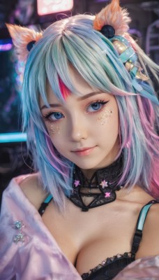 1girl,solo,breasts,looking at viewer,smile,bangs,blue eyes,hair ornament,animal ears,cleavage,bare shoulders,medium breasts,closed mouth,underwear,blue hair,collarbone,upper body,pink hair,multicolored hair,virtual youtuber,cat ears,off shoulder,bra,blurry,two-tone hair,lips,streaked hair,animal ear fluff,eyelashes,aqua hair,gradient hair,makeup,blurry background,facial mark,slit pupils,black bra,portrait,eyeshadow,realistic,nose,long hair,choker,fox ears,detached collar,pink lips,whisker markings,miqo'te