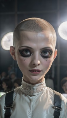 1girl,solo,looking at viewer,short hair,shirt,1boy,white shirt,upper body,male focus,parted lips,teeth,blurry,black eyes,lips,grey eyes,makeup,blurry background,suspenders,portrait,eyeshadow,freckles,realistic,very short hair,horror (theme),black hair,green eyes,multiple boys,solo focus,mole,eyelashes,mole under eye,nose,bald