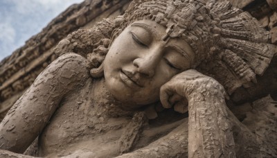 1girl,solo,1boy,closed mouth,monochrome,closed eyes,upper body,male focus,outdoors,lying,blurry,blurry background,on side,sleeping,facing viewer,head rest,realistic,sepia,statue,brown theme,dreadlocks,smile,nude,parted lips,sky,day,freckles,dirty,fine art parody