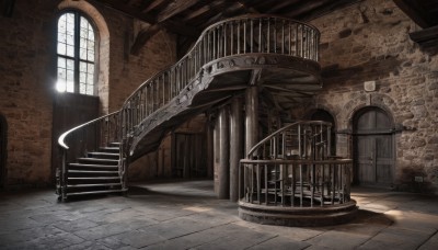 indoors,no humans,window,shadow,sunlight,scenery,stairs,door,railing,light,pillar,church,arch,day,lantern,lamp,wall,architecture,gate,stone floor,stone wall