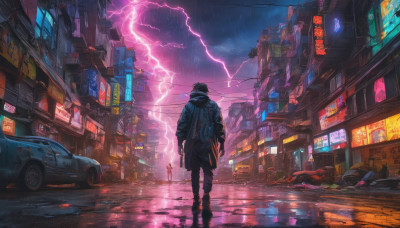 black hair, standing, jacket, weapon, outdoors, multiple boys, sky, cloud, gun, night, ground vehicle, building, scenery, motor vehicle, science fiction, rain, city, sign, car, road, street, lightning, cyberpunk, neon lights